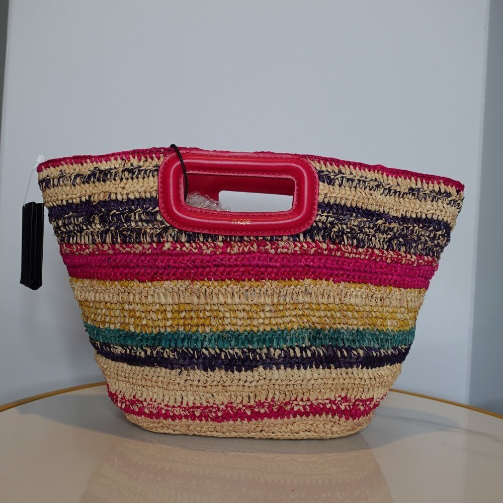 MAJE Mini Striped Rafia Basket Pink Fuchsia Vacation Summer  Beach Bag Leather